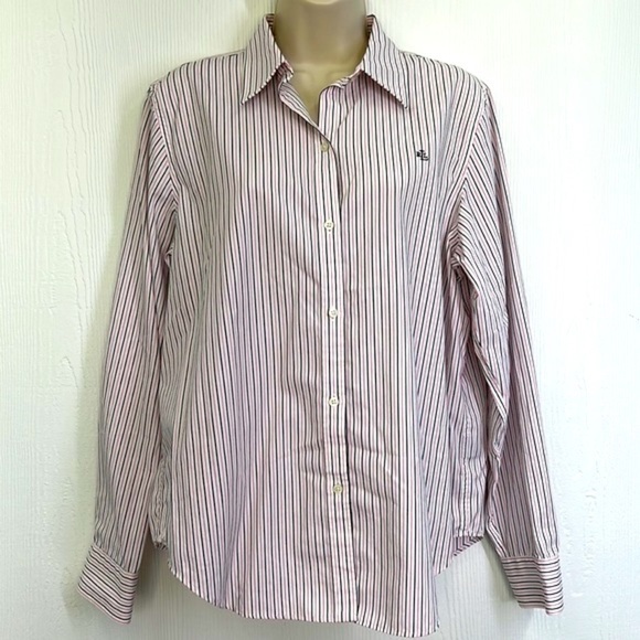 Lauren Ralph Lauren - Black & Pink Stripe Button Down Non Iron Top Size Large - Picture 3 of 10